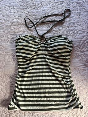 Michael Kors Army Green and White Striped Halter Tankini Top with MK Ring